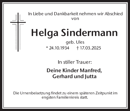 Traueranzeige von Helga Sindermann von Trauer Vest
