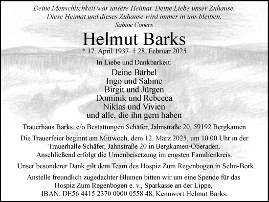 Traueranzeige von Helmut Barks von Hellweger Anzeiger