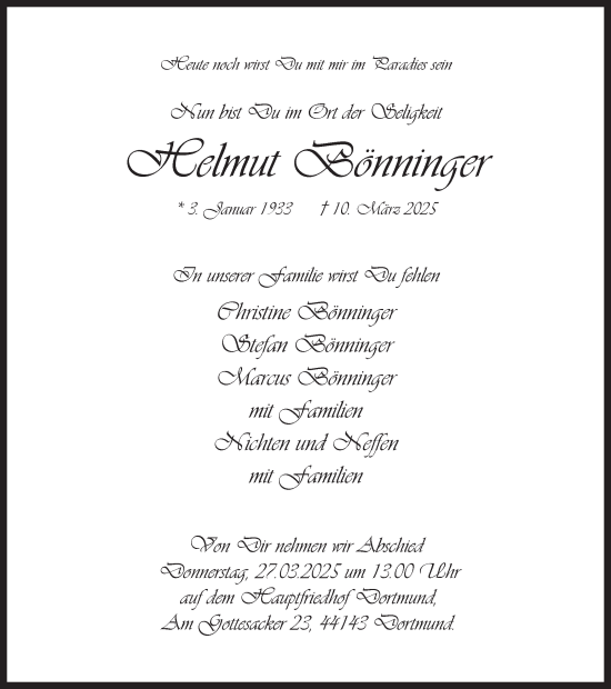 Traueranzeige von Helmut Bönninger von Ruhr Nachrichten