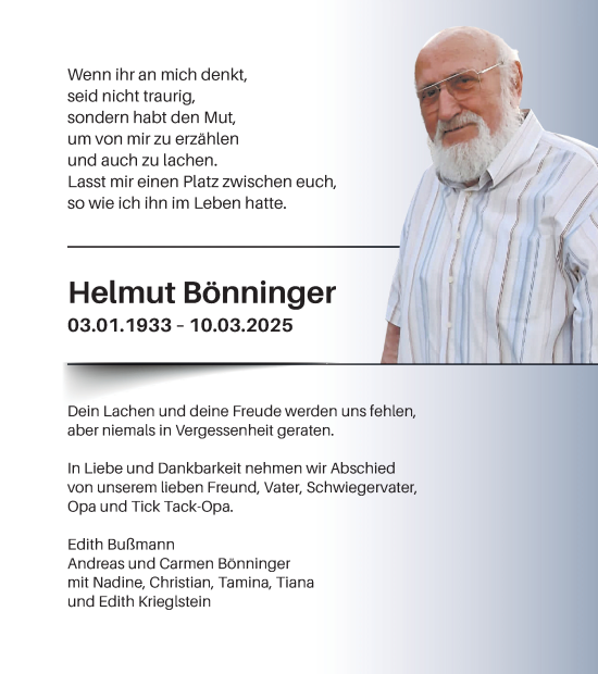 Traueranzeige von Helmut Bönninger von Ruhr Nachrichten