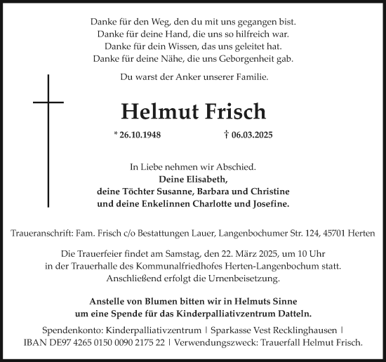 Traueranzeige von Helmut Frisch von Trauer Vest