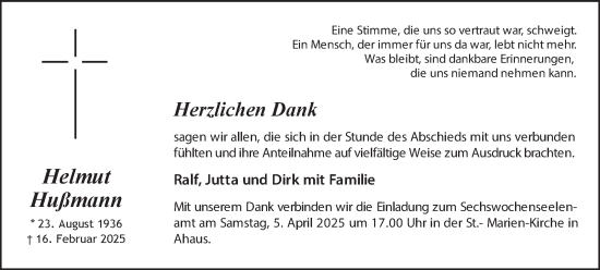 Traueranzeige von Helmut Hußmann von Münsterland Zeitung