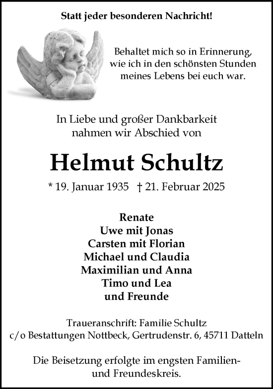 Traueranzeige von Helmut Schultz von Trauer Vest