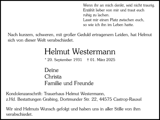 Traueranzeige von Helmut Westermann von Stadtanzeiger Castrop-Rauxel