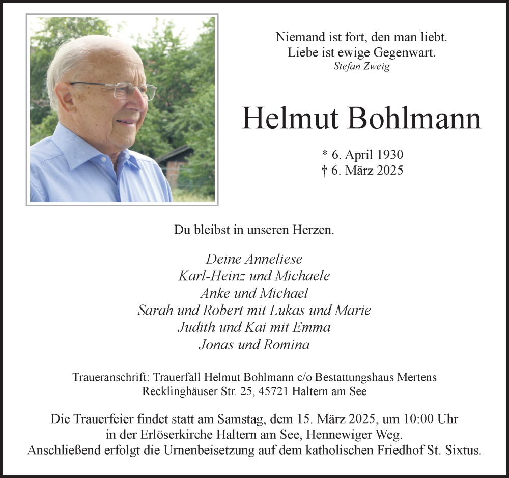  Traueranzeige für HelmutHelmut Bohlmann vom 11.03.2025 aus Ruhr Nachrichten und Halterner Zeitung