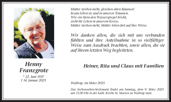 Traueranzeige von Henny Franzgrote von Trauer Vest