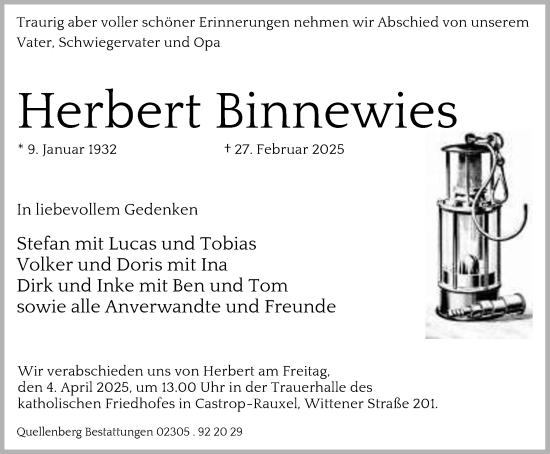 Traueranzeige von Herbert Binnewies von Stadtanzeiger Castrop-Rauxel