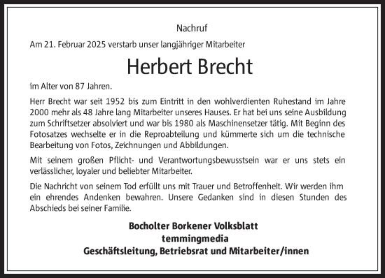 Traueranzeige von Herbert Brecht 