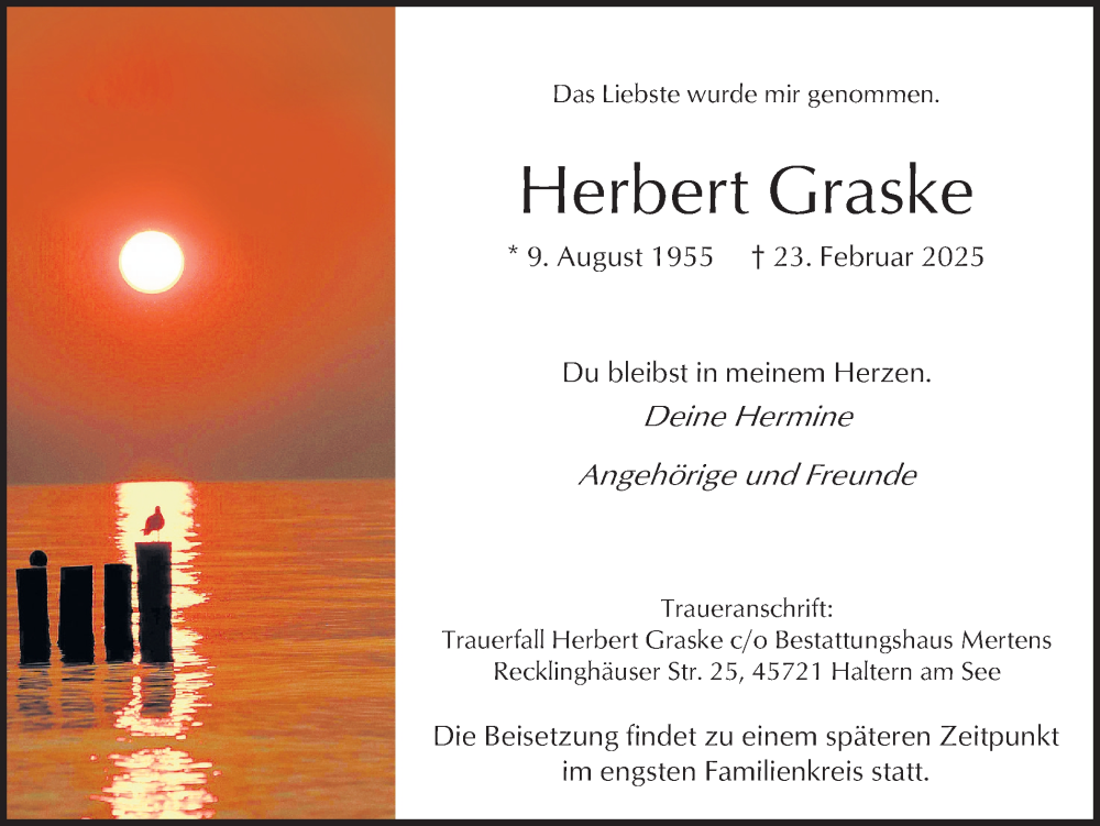  Traueranzeige für Herbert Graske vom 01.03.2025 aus Ruhr Nachrichten und Halterner Zeitung