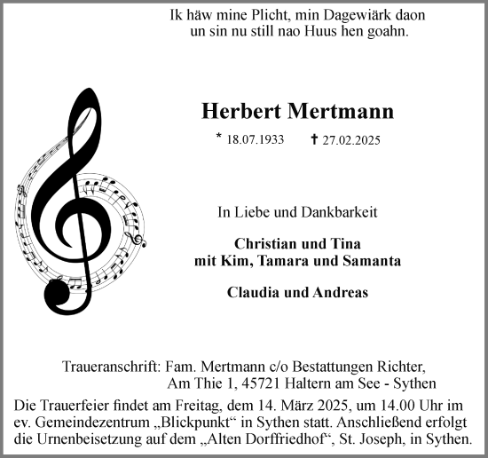 Traueranzeige von Herbert Mertmann von Ruhr Nachrichten und Halterner Zeitung