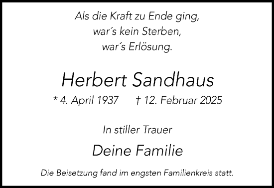Traueranzeige von Herbert Sandhaus von Trauer Vest