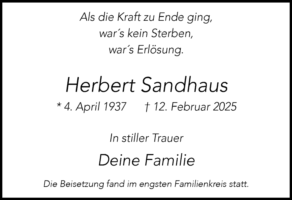  Traueranzeige für Herbert Sandhaus vom 15.03.2025 aus Trauer Vest