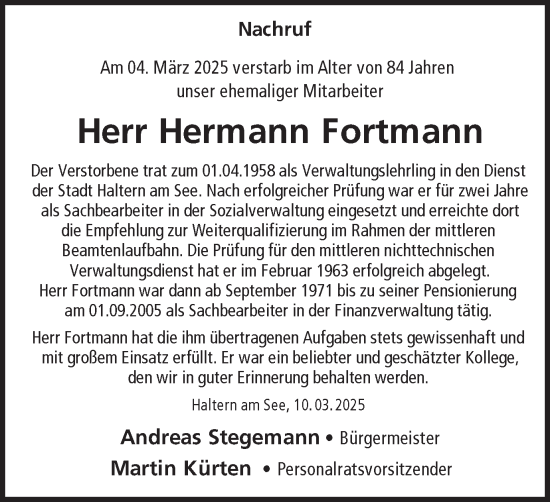 Traueranzeige von Hermann Fortmann von Ruhr Nachrichten und Halterner Zeitung