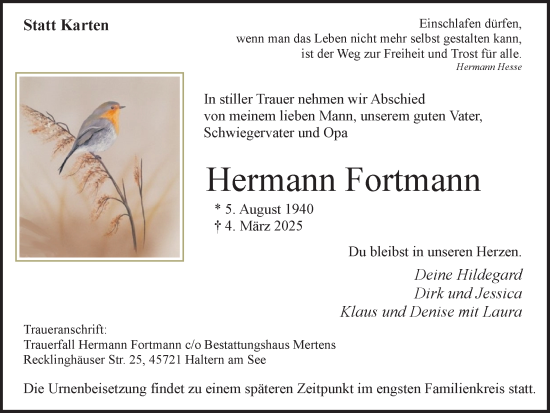 Traueranzeige von Hermann Fortmann von Ruhr Nachrichten und Halterner Zeitung