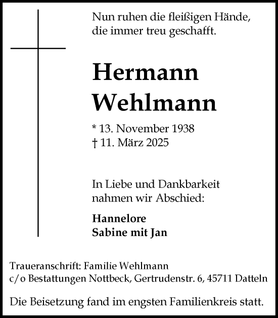 Traueranzeige von Hermann Wehlmann von Trauer Vest