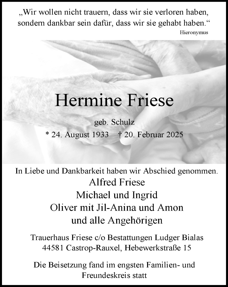  Traueranzeige für Hermine Friese vom 08.03.2025 aus Stadtanzeiger Castrop-Rauxel