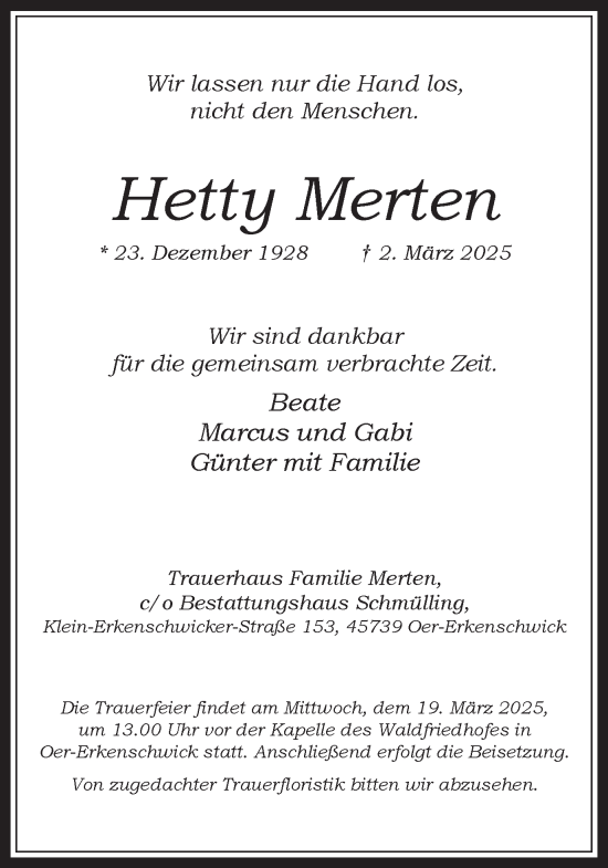 Traueranzeige von Hetty Merten von Trauer Vest