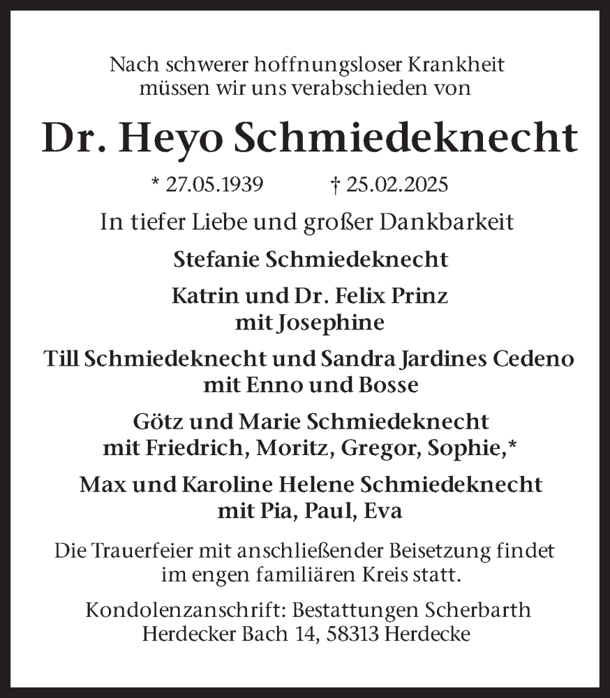  Traueranzeige für Heyo Schmiedeknecht vom 04.03.2025 aus Ruhr Nachrichten