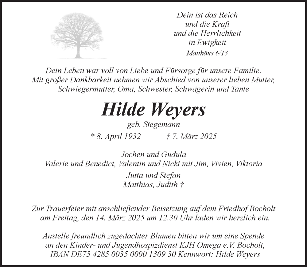  Traueranzeige für Hilde Weyers vom 11.03.2025 aus 