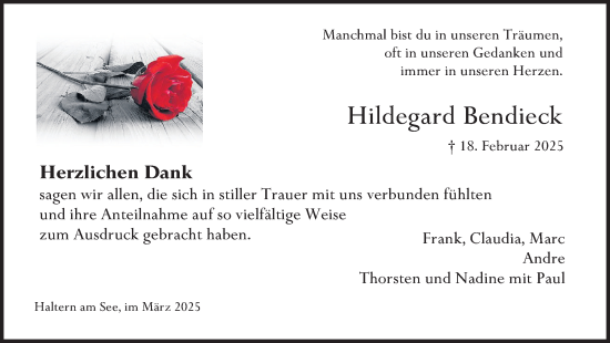 Traueranzeige von Hildegard Bendieck von Ruhr Nachrichten und Halterner Zeitung