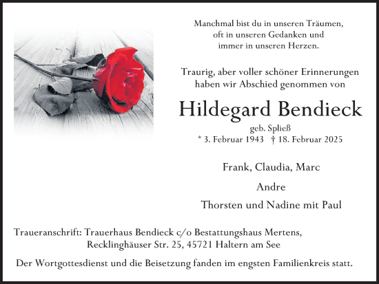 Traueranzeige von Hildegard Bendieck von Ruhr Nachrichten und Halterner Zeitung
