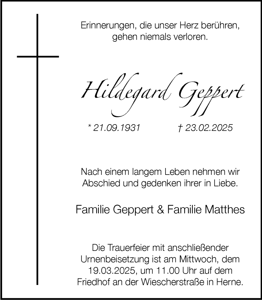  Traueranzeige für Hildegard Geppert vom 08.03.2025 aus Ruhr Nachrichten