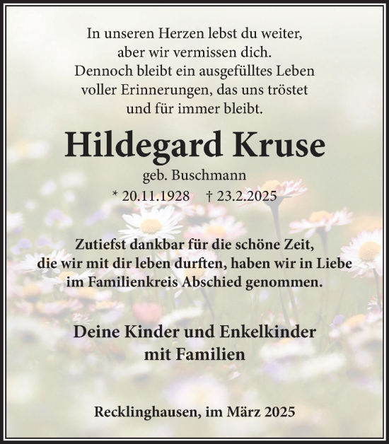 Traueranzeige von Hildegard Kruse von Trauer Vest
