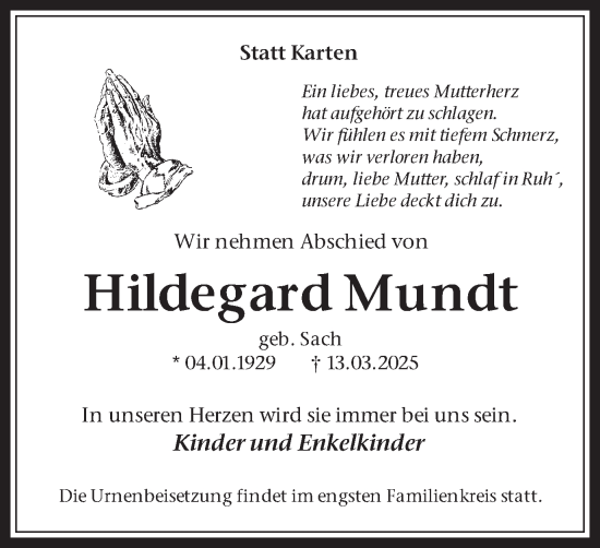 Traueranzeige von Hildegard Mundt von Trauer Vest
