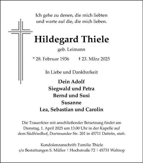Traueranzeige von Hildegard Thiele von Trauer Vest
