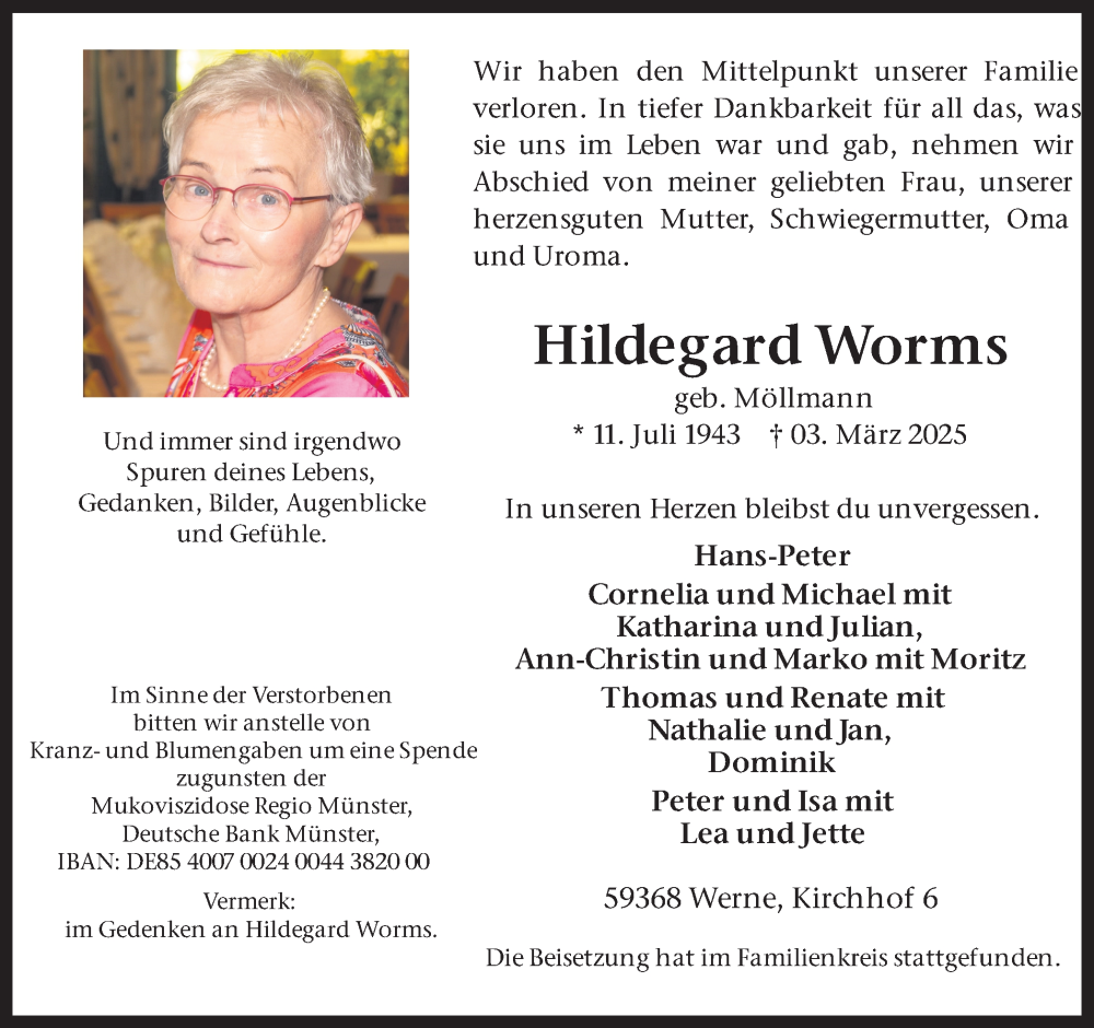  Traueranzeige für Hildegard Worms vom 13.03.2025 aus Ruhr Nachrichten