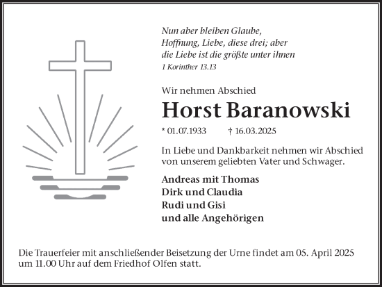 Traueranzeige von Horst Baranowski von Ruhr Nachrichten