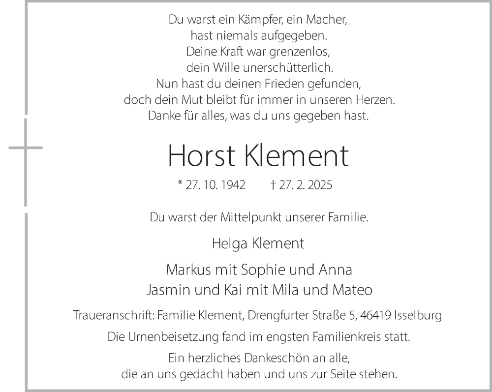  Traueranzeige für Horst Klement vom 19.03.2025 aus 