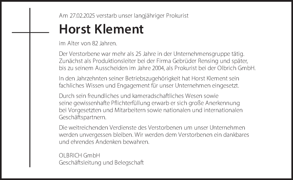  Traueranzeige für Horst Klement vom 26.03.2025 aus 
