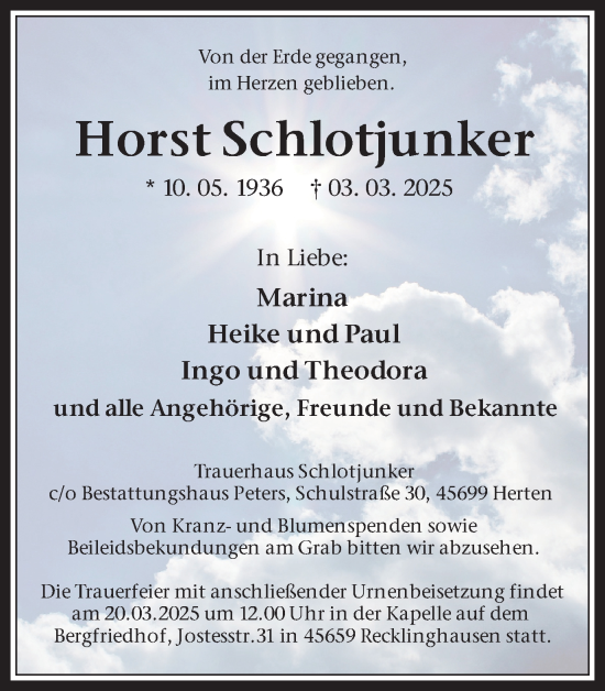 Traueranzeige von Horst Schlotjunker von Trauer Vest