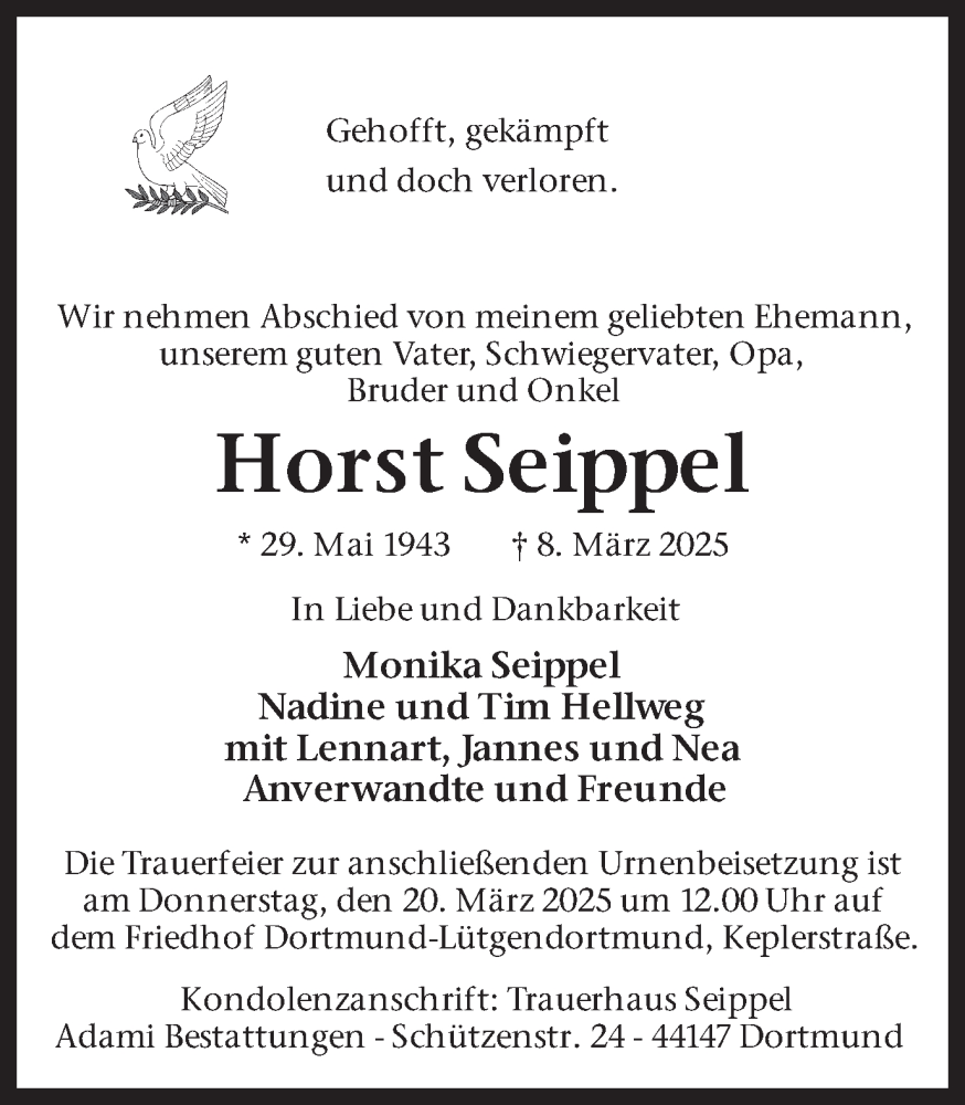  Traueranzeige für Horst Seippel vom 15.03.2025 aus Ruhr Nachrichten