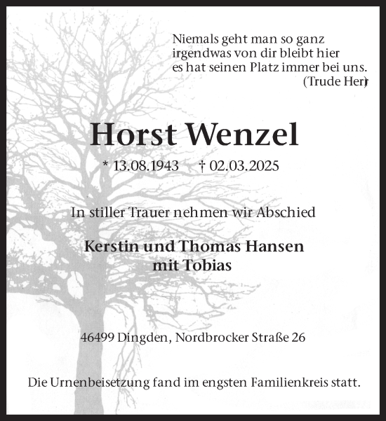 Traueranzeige von Horst Wenzel 
