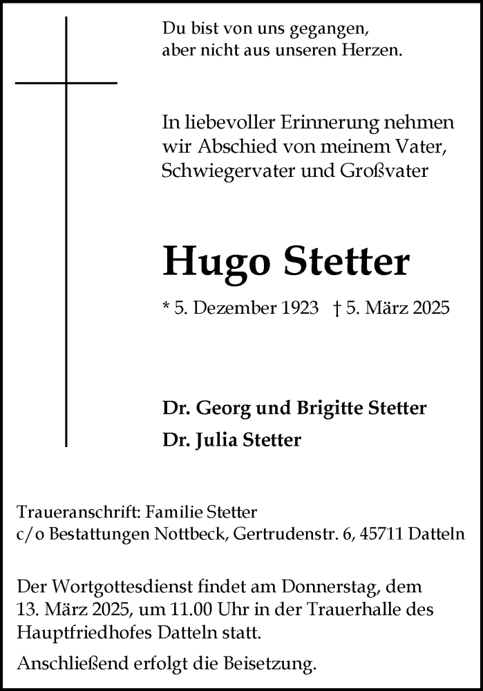  Traueranzeige für Hugo Stetter vom 08.03.2025 aus Trauer Vest