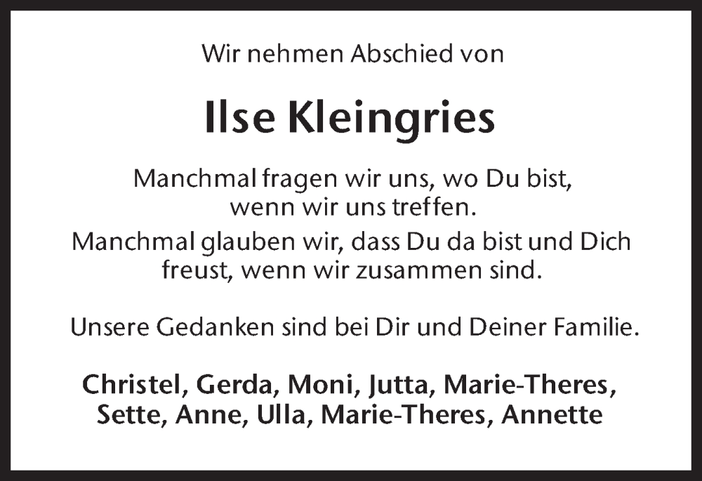  Traueranzeige für Ilse Kleingries vom 26.03.2025 aus Münsterland Zeitung