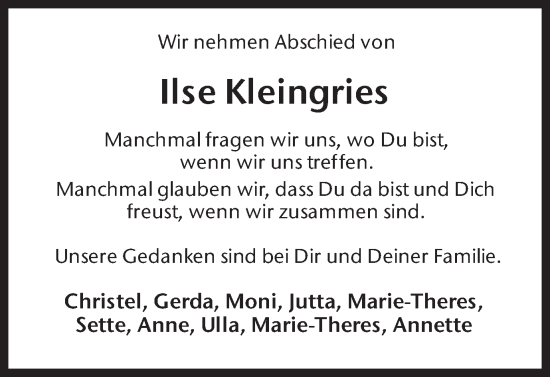 Traueranzeige von Ilse Kleingries von Münsterland Zeitung