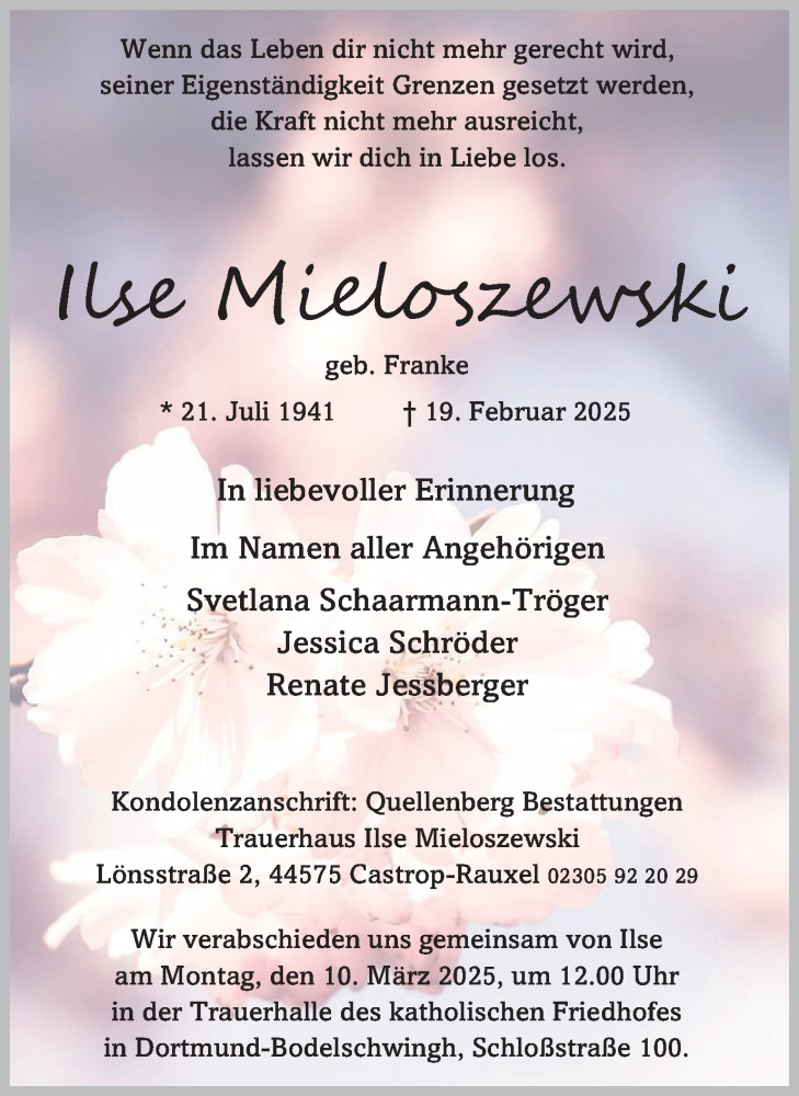  Traueranzeige für Ilse Mieloszewski vom 01.03.2025 aus Stadtanzeiger Castrop-Rauxel