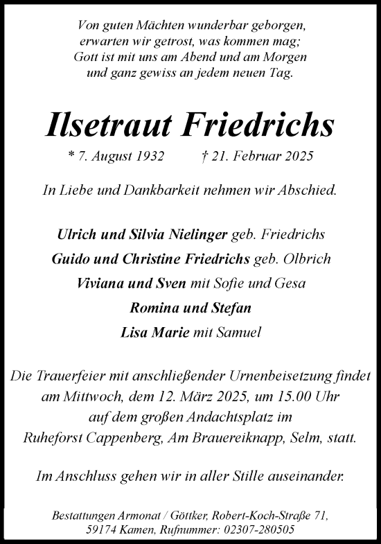 Traueranzeige von Ilsetraut Friedrichs von Hellweger Anzeiger