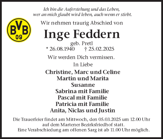 Traueranzeige von Inge Feddern von Ruhr Nachrichten