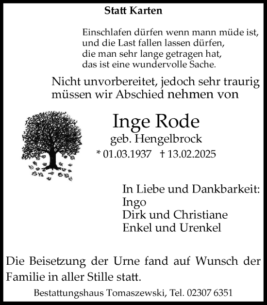 Traueranzeige von Inge Rode von Hellweger Anzeiger
