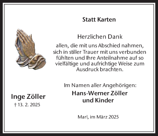 Traueranzeige von Inge Zöller von Trauer Vest