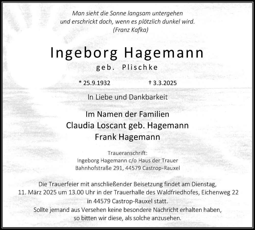  Traueranzeige für Ingeborg Hagemann vom 08.03.2025 aus Stadtanzeiger Castrop-Rauxel
