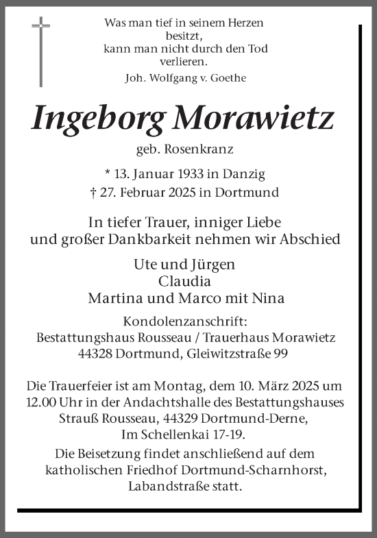 Traueranzeige von Ingeborg Morawietz von Ruhr Nachrichten