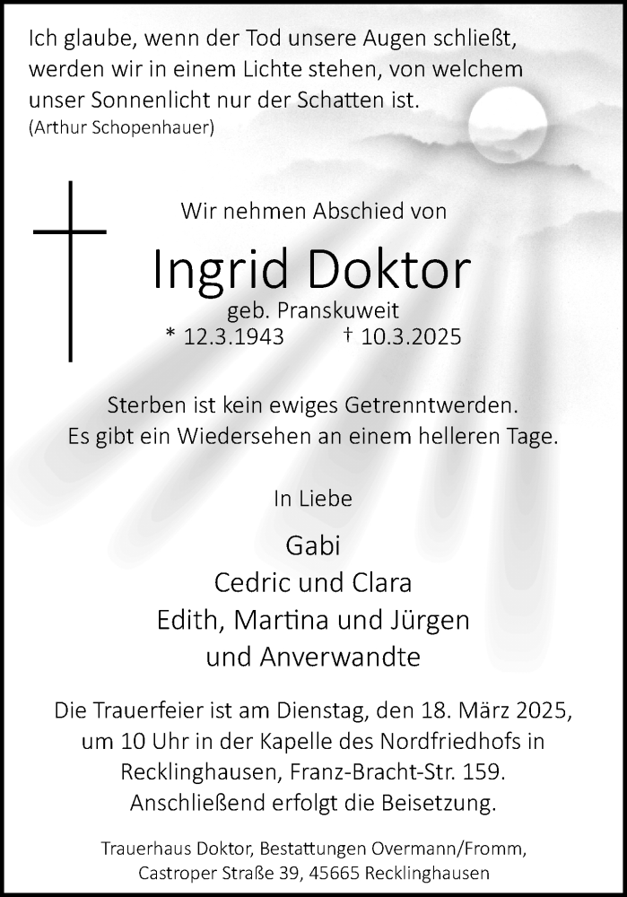  Traueranzeige für Ingrid Doktor vom 15.03.2025 aus Trauer Vest