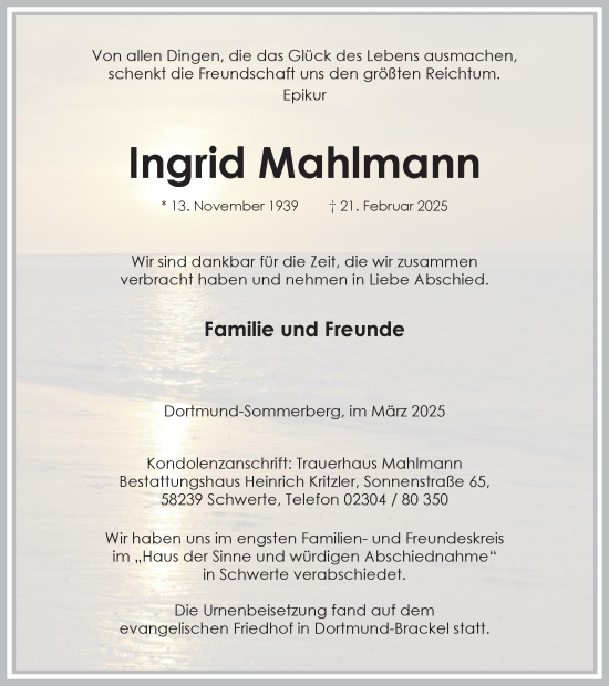 Traueranzeige von Ingrid Mahlmann von Ruhr Nachrichten