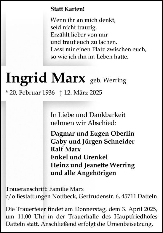 Traueranzeige von Ingrid Marx von Trauer Vest