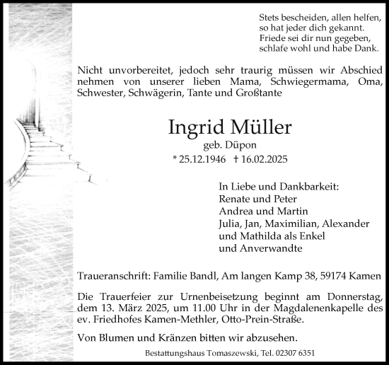 Traueranzeige von Ingrid Müller von Hellweger Anzeiger
